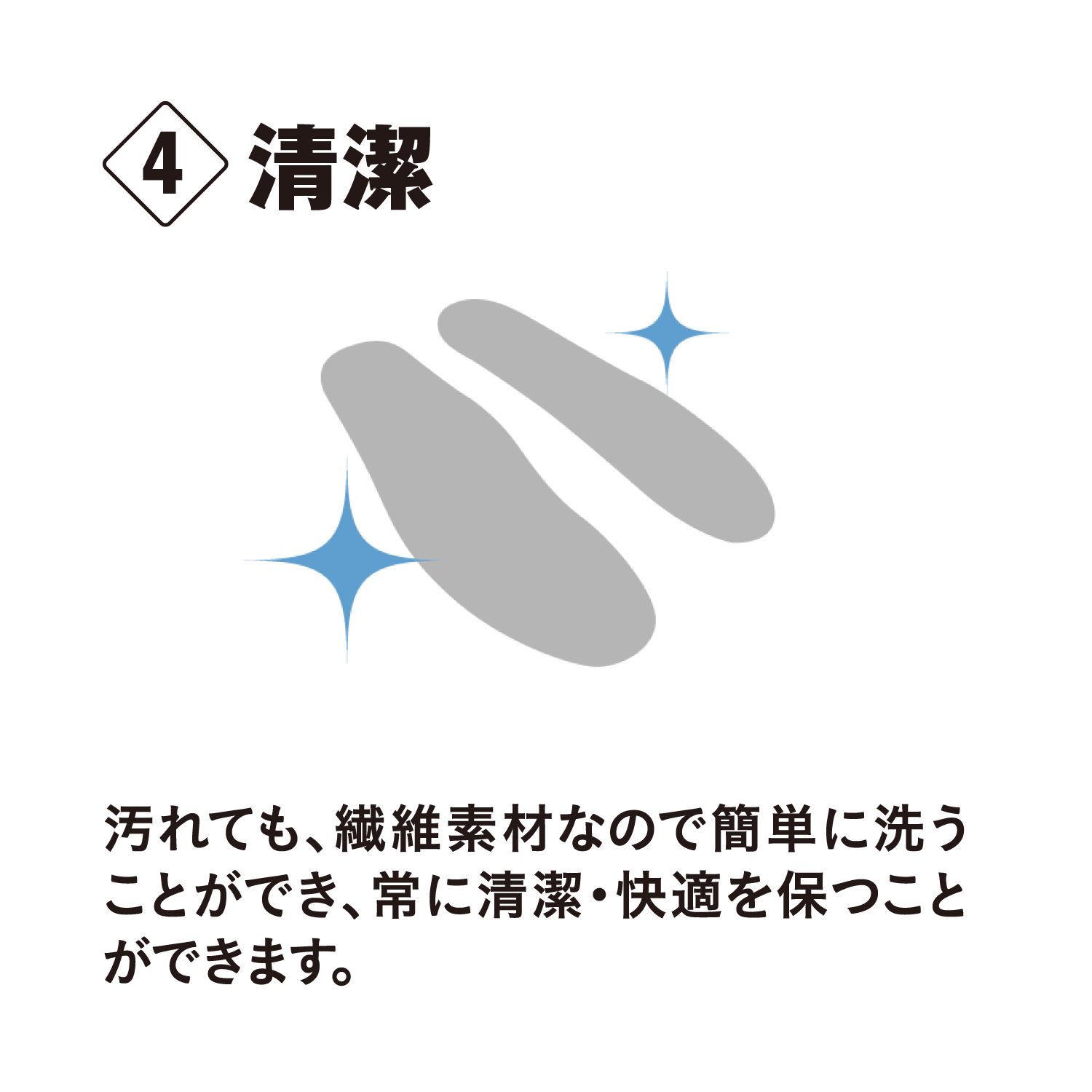 汚れても、繊維素材なので簡単に洗うことができ、常に清潔、快適を保つことができます。